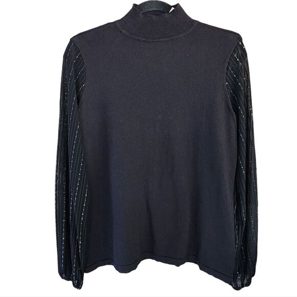 Anne Klein NWT Mock High Neck Mesh Metallic Sleeve Sweater‎ Cotton Knit Size M - Picture 1 of 8